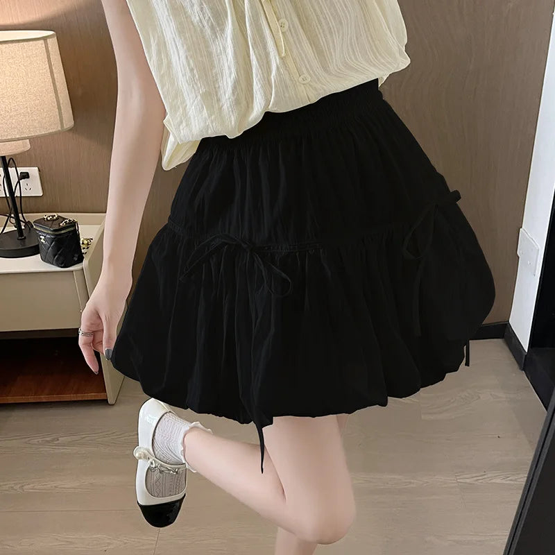 Sweet Bow Pleated Fluffy Skirts for Women Summer Korean Style Elastic Waist Lantern Skirt Woman Loose White A-Line Short Skirts