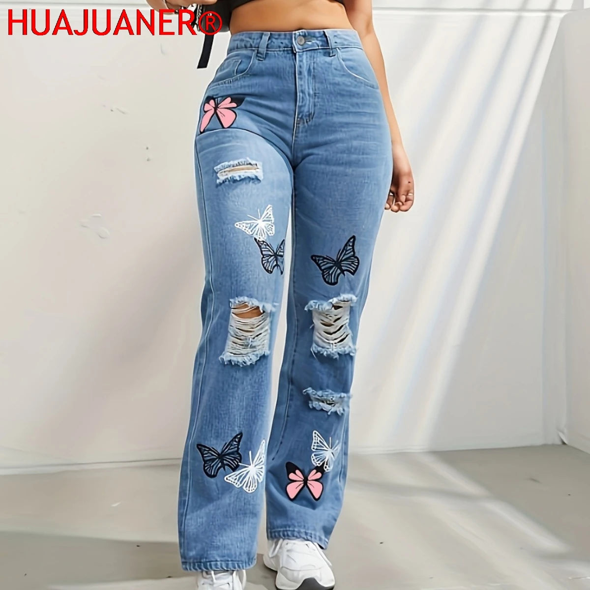Butterfly Printing Denim Trousers Women Holes Jeans Straight Pants High Waist Loose Fit Vintage 2026 Casual Distressed Denims Main image