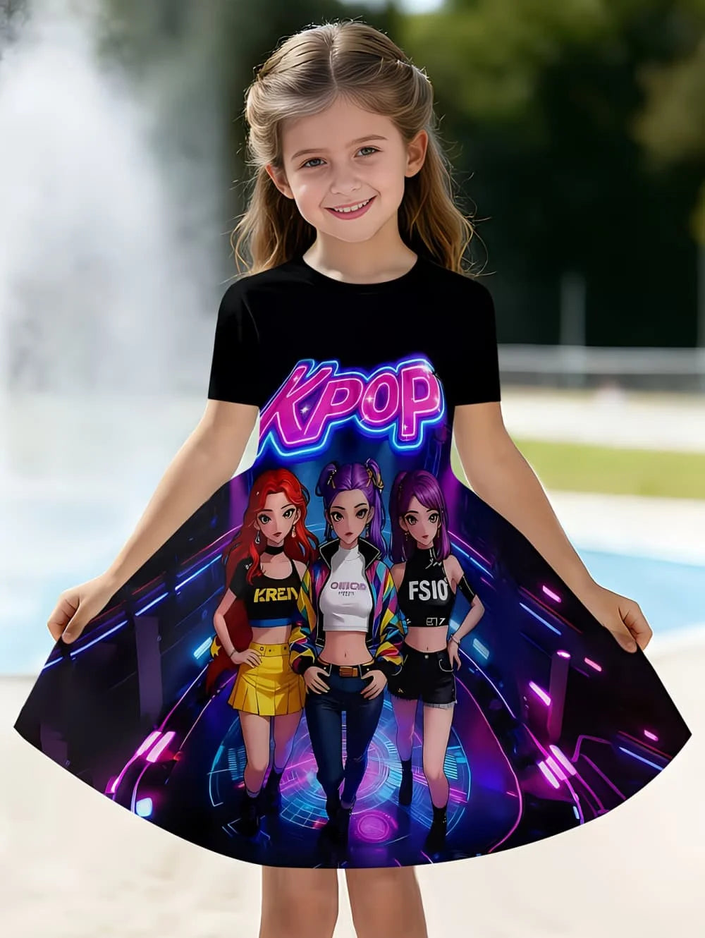 Kpop Cartoon Graphic Dress for Girls Funny Gift for Fan Harajuku Girl Clothes Summer Tops Short Sleeve Dress Children's Clothing