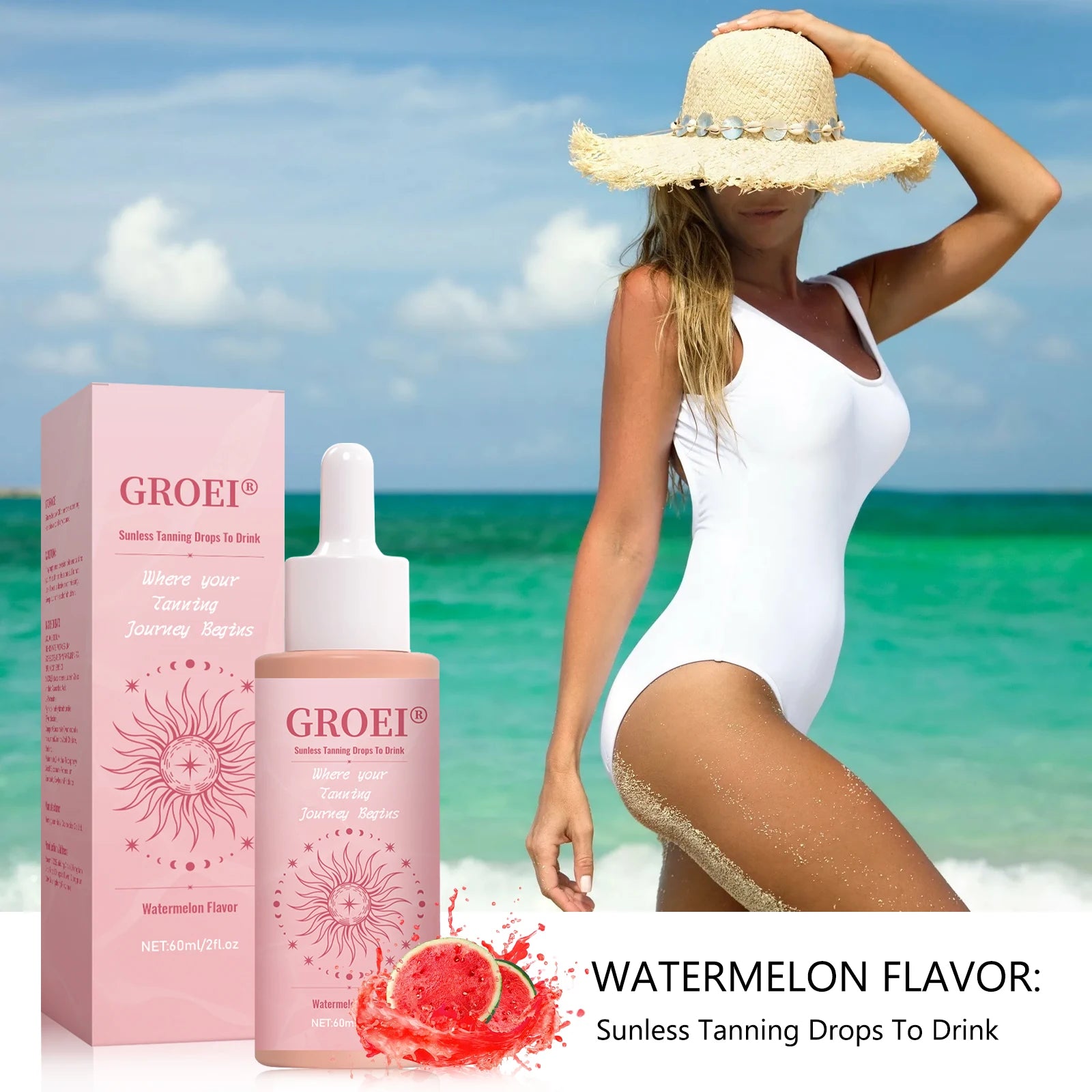 GROEI 60ml Sunless Tanning Drops to Drink - Natural Watermelon Flavor, No Sunlight Needed, Easy-to-Use Skin Glow Solution