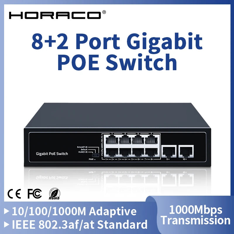 HORACO 8 Port 1000Mbps POE Switch 2 Gigabit Uplink 1000BASE-T RJ45 Networking Switcher 96W Hub Internet Splitter Plug and Play Main image