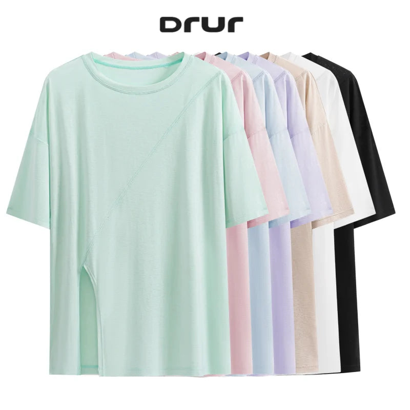 DRUR Women Thin Summer Yoga Shirts Loose Fit Breathable Workout Tops with Side Slits Lightweight Running Sport Tee Athletic Wear Image principale du produit