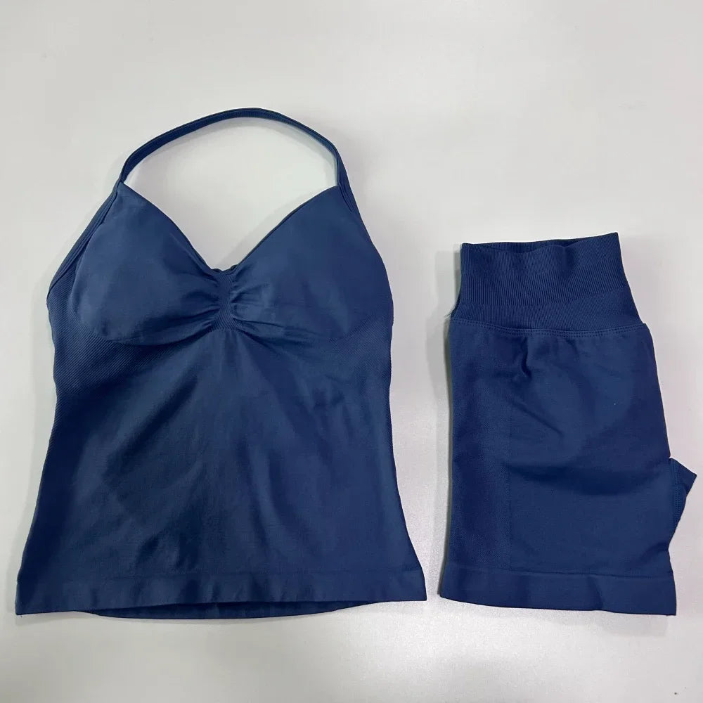 No Logo 2 Pieces Sports Set Women Backless Tank Tops High Waist Scrunch Seamless Shorts Gym Set Sportswear Workout Set Yoga