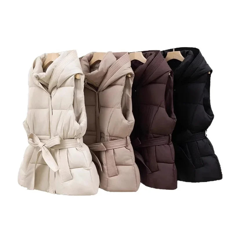 Women's Quilted Puffer Vest Thicken Warm Winter Hooded Coat Solid Color Sleeveless Padded Outwear Cropped Button Zip Up Coat Main image