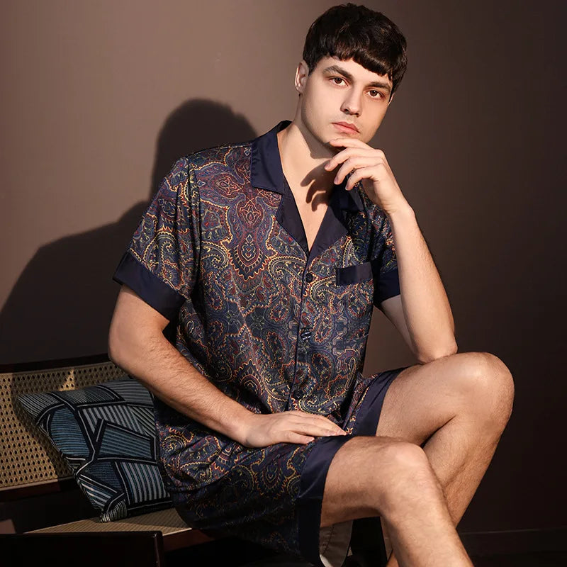 High Quality Pajamas Suit Men Summer Short Sleeve Shorts Ice Silk Sleepwear Male Summer Large Size Simple Casual Loungewear Set