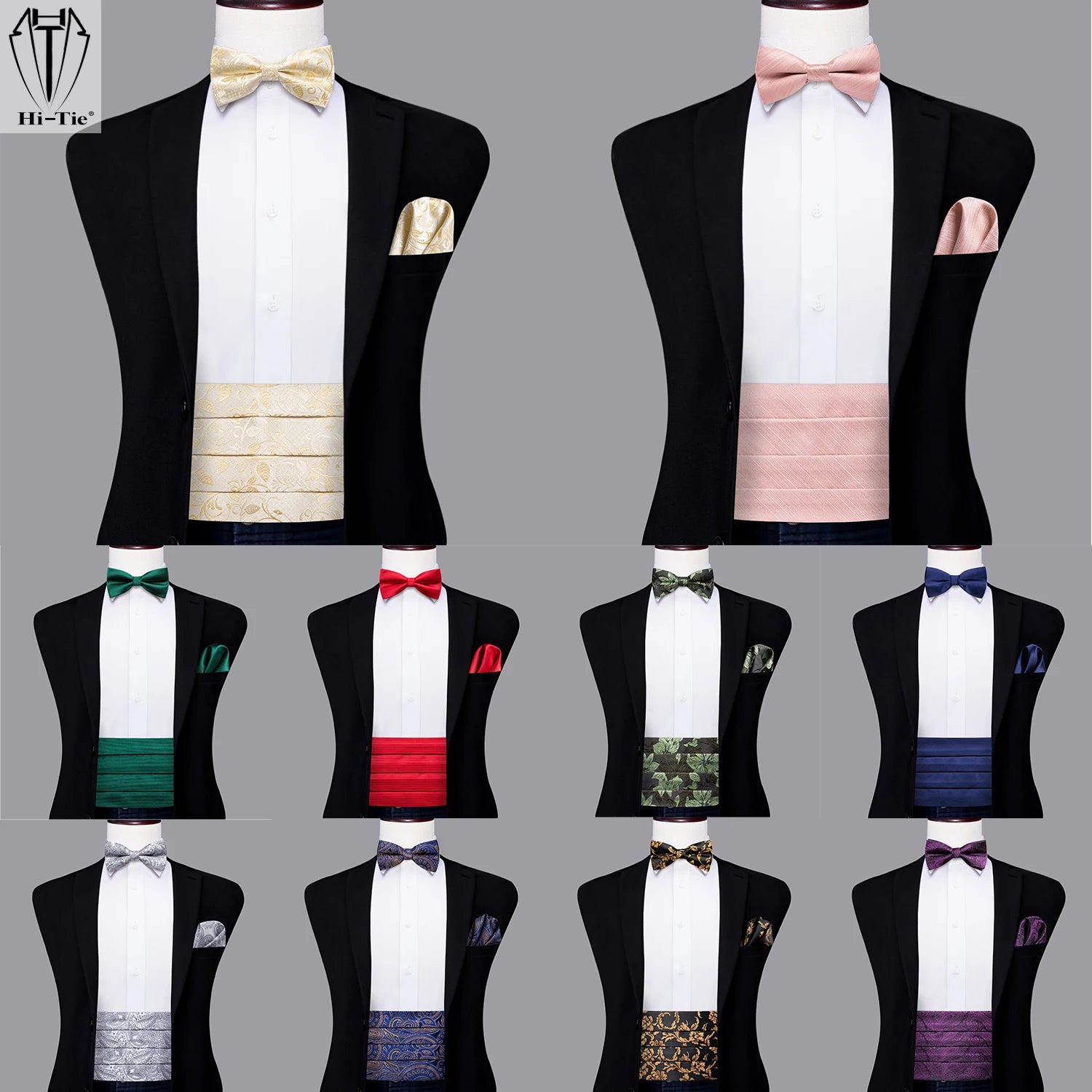 Hi-Tie Mens Cummerbunds Vintage Formal Jacquard Pailey Bowtie Hanky Cufflinks Cummerbund Belt Corset For Male Wedding Prom Image principale du produit