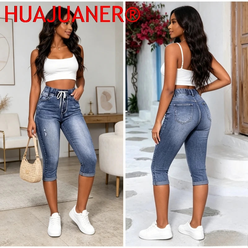 Hole Jeans Women Calf Length Pants Denim Fit High Waist Drawstring Pockets Vintage Pencil Trousers 2026 Streetwear Denims Main image