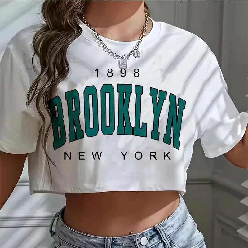 T Shirt Los Angeles Number 91 Brooklyn Graphic Round Neck Sports Crop T-shirt Casual Crop Top Women Cropped Image principale du produit