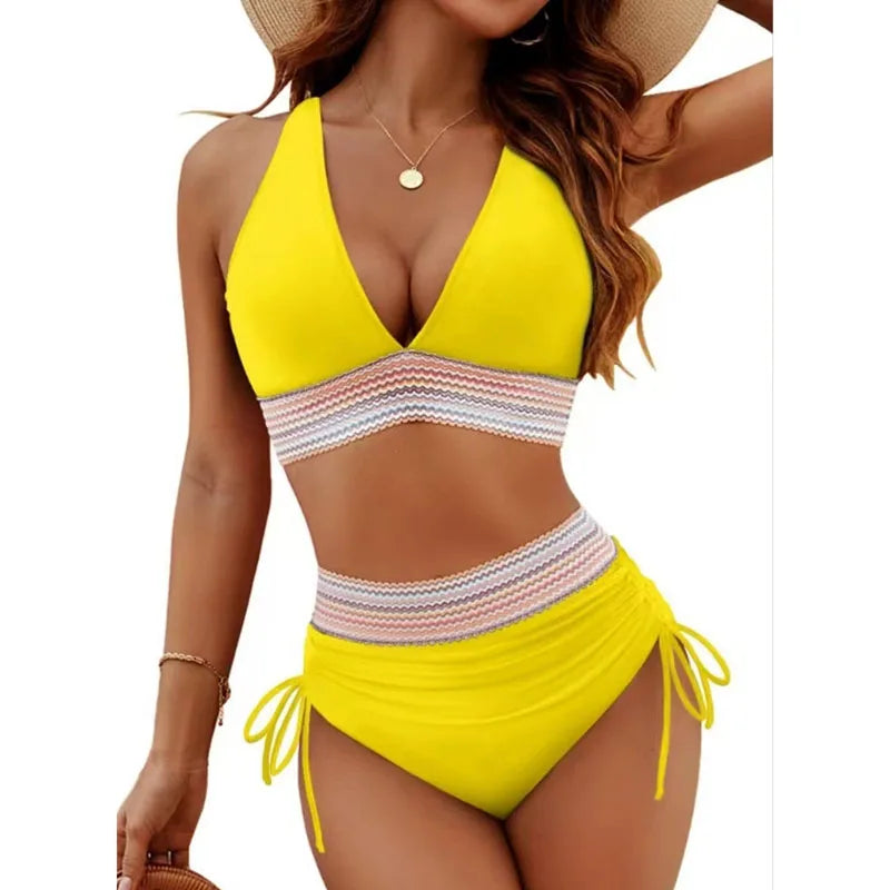 Sexy Deep V-Neck Bikini Swimsuit Set Women 2026 Summer Beach with Chest Cushion Swimwear High Waist Drawstring Triangle Bikini