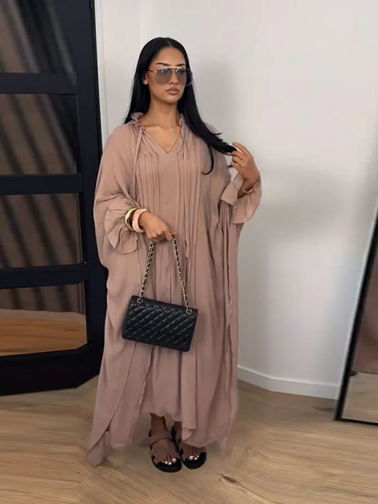 Maxi Dress Women's Dresses Batwing Sleeve Beige Ruffle Tie Neck Pleated Oversized Woman Clothes Casual Wear Summer Outfit