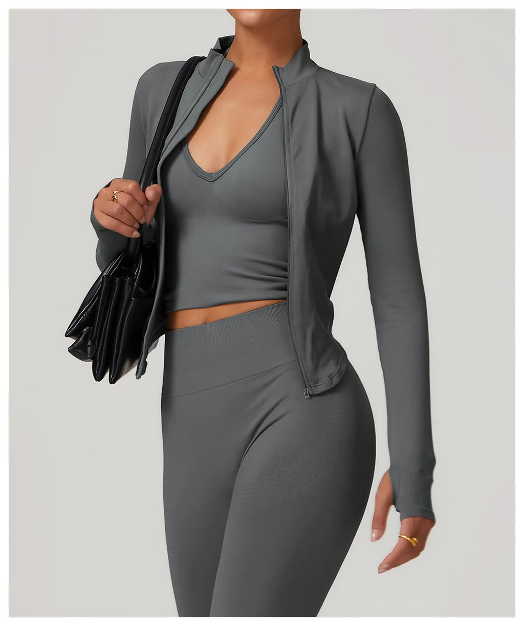 Women's Zipper Crop Sports Jacket Long Sleeve Yoga T-Shirt Solid Quick Dry Fitness Top Gym Running Workout Sportswear