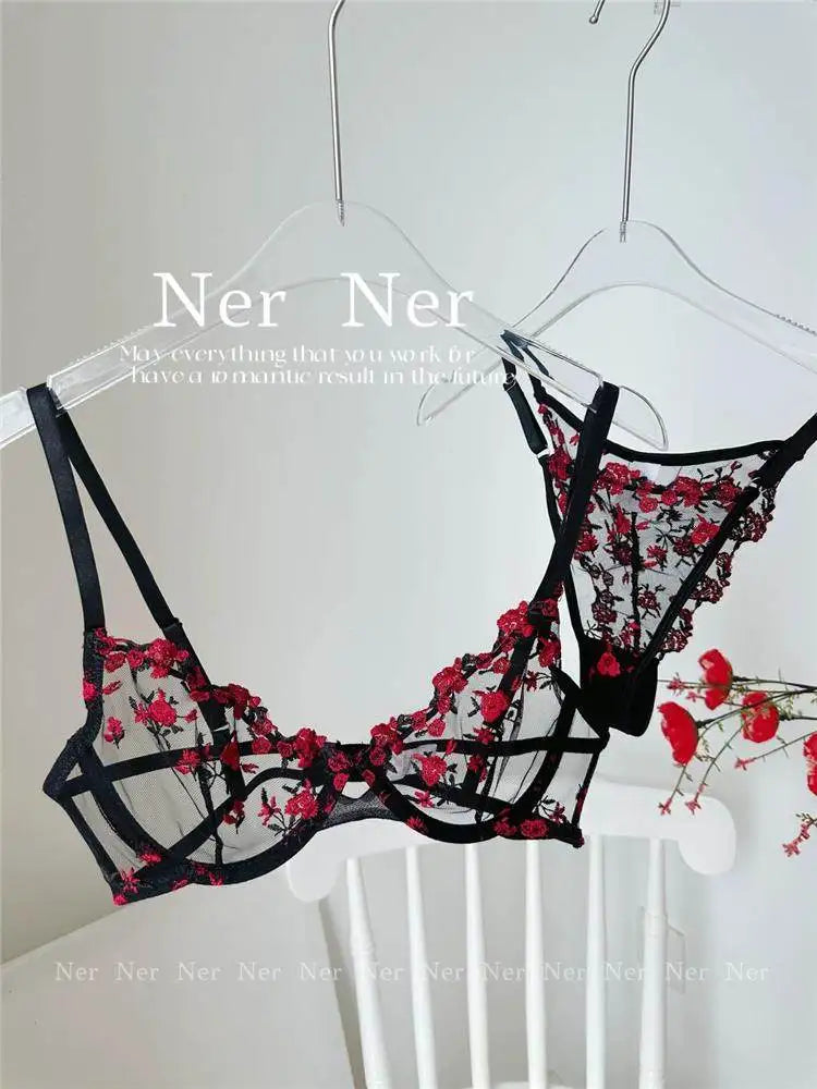 YUQI French Luxury Lingerie Set - Sexy Floral Embroidery Black Bra & Panty Set, Sheer Transparent Seductive Women's Intimates