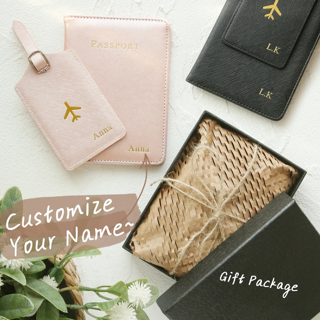 2Pcs Customizable Leather Passport Cover Luggage Tag Set with Gift Box Personalized Travel Accessories Passport Holder Gift