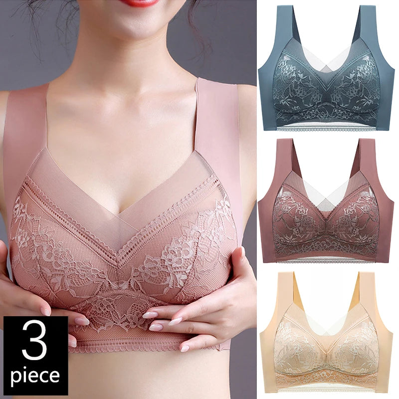 FallSweet 3PCS Lace Push Up Bras for Women Sexy Wireless Bra Ice Silk Deep V Bralette Tops Female Lingerie Mom's Underwear L-5XL Image principale du produit