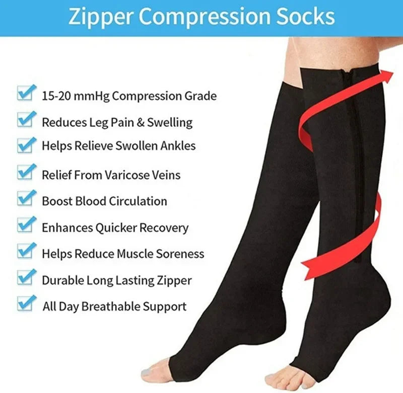 Zipper Compression Socks Men Women Knee Maternity High Socks Anti-Fatigue Stretchy Sox Outdoor Running Hiking Sports Socks