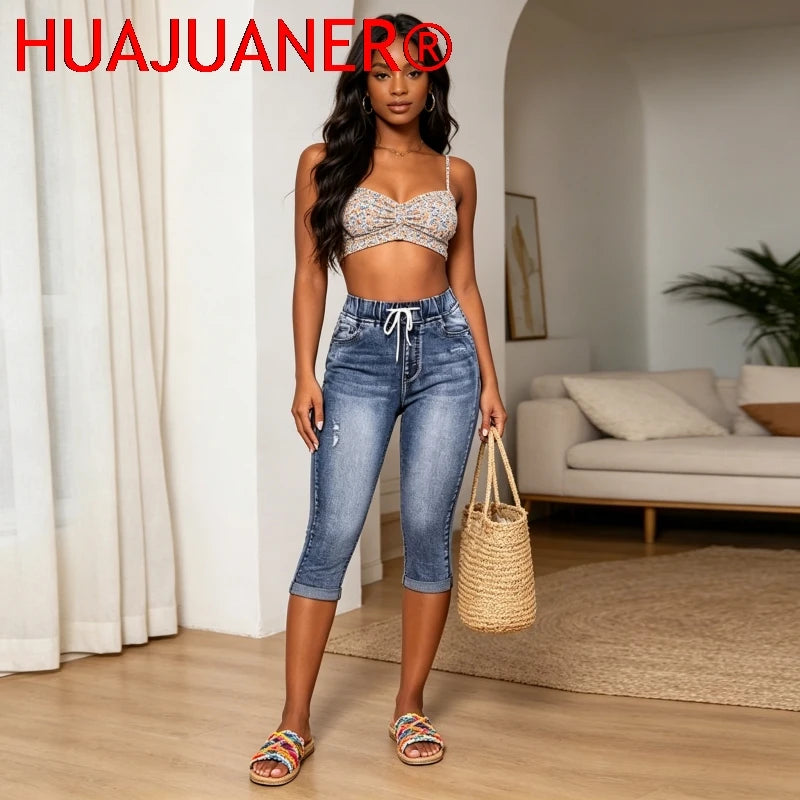 Hole Jeans Women Calf Length Pants Denim Fit High Waist Drawstring Pockets Vintage Pencil Trousers 2026 Streetwear Denims Secondary image