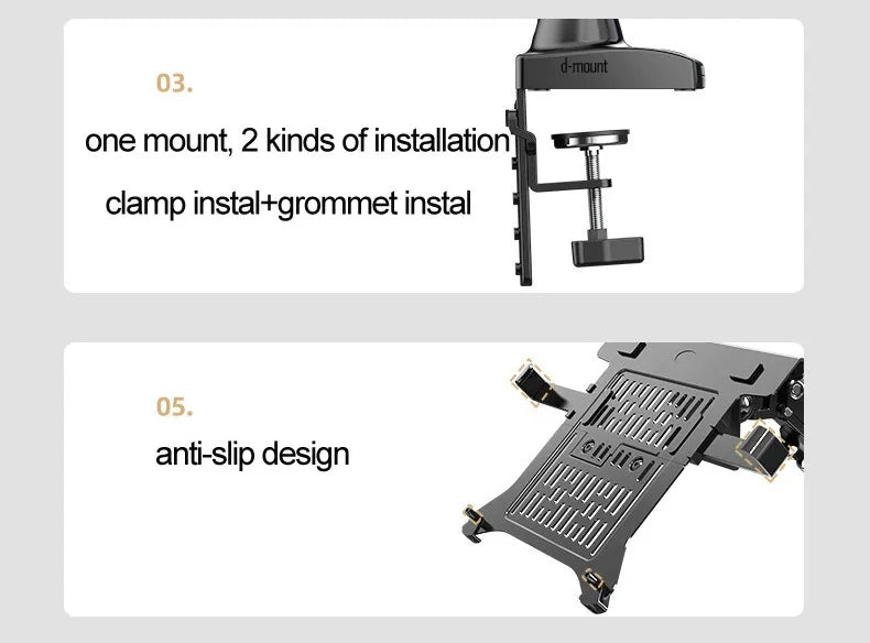 NB F80 + FP-2 full motion 360 rotate pivot 2-9kg gas spring arm 10"-17" laptop tray desktop stand clamp 10-90mm grommet hole