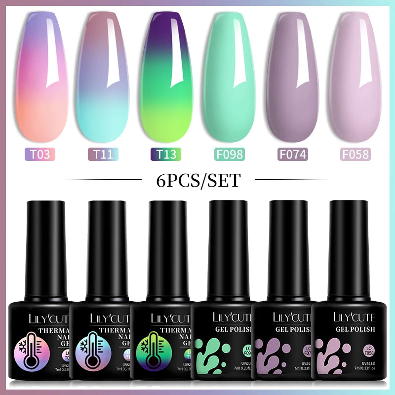 LILYCUTE 7ML 6PCS Neon Gel Nail Polish Set fluorescent Series Color Changing Semi Permanent Soak Off Manicure kit Nail Art Gel