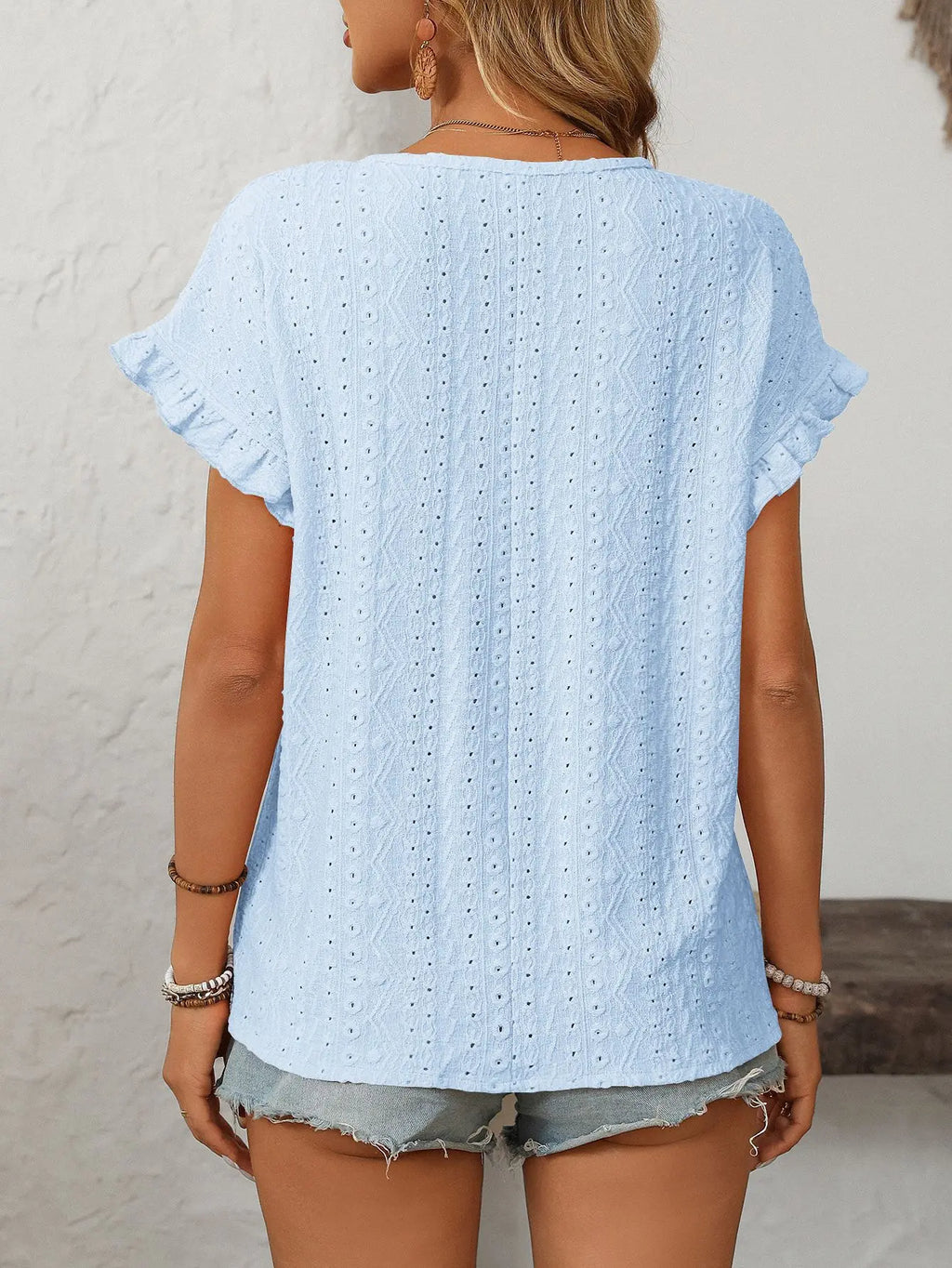 Solid Casual Loose Blouses For Women Fashion 2025 Summer Women's Hollow Short Sleeve Shirts And Blouses Elegant Female Blue Tops