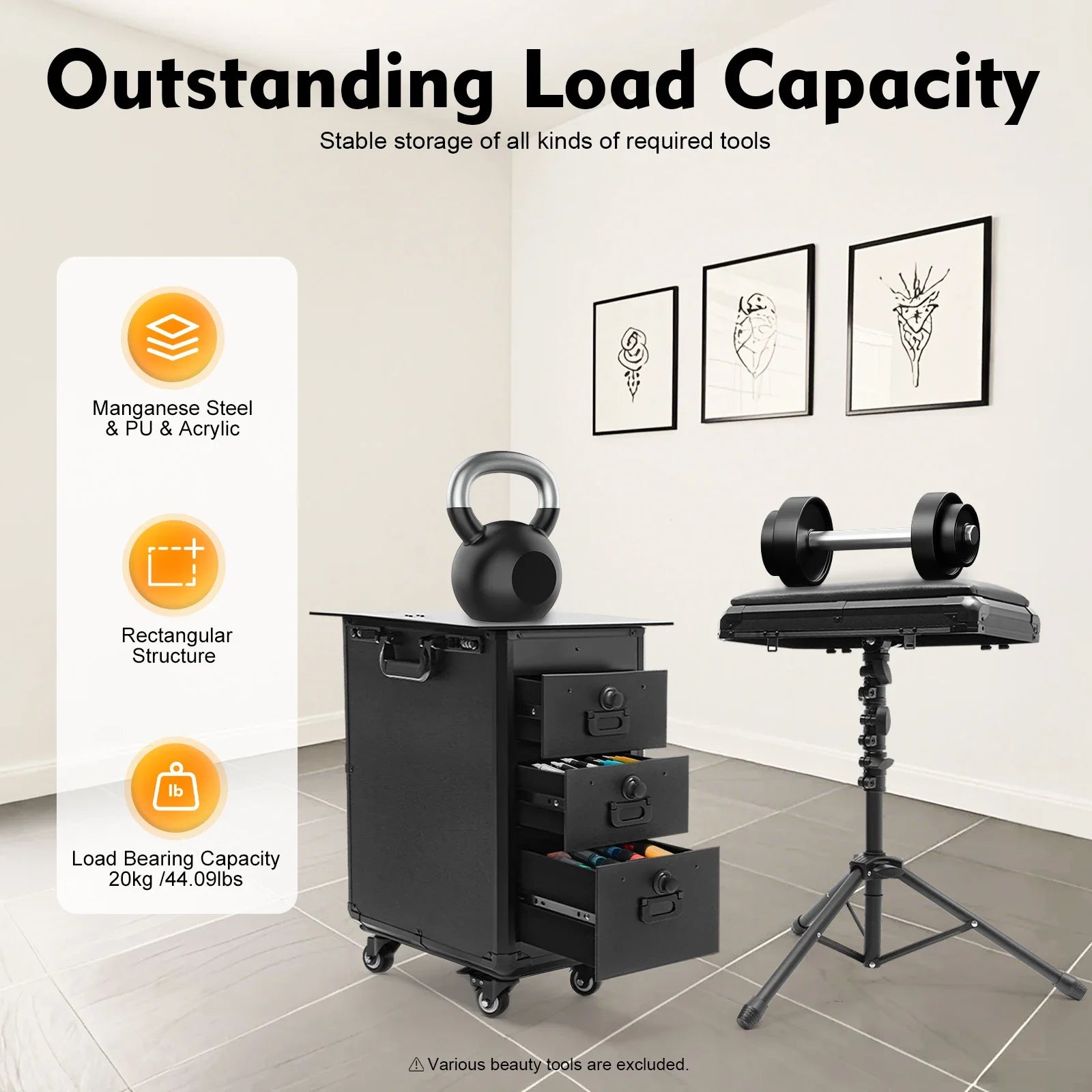 Rolling Makeup Train Case w/Tattoo Armrest Stand,Beauty Trolley Case with 3 Drawers, 4 Universal Wheels, and Combination Lock