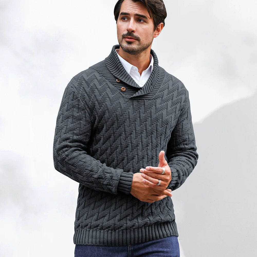 Men's Sweater Spring Shawl Collar Pullover Solid Color Sweater Casual Cable Knit Button-Up Pullover High Quality Tops US Size