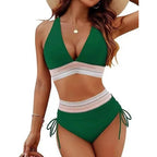 Sexy Deep V-Neck Bikini Swimsuit Set Women 2026 Summer Beach with Chest Cushion Swimwear High Waist Drawstring Triangle Bikini