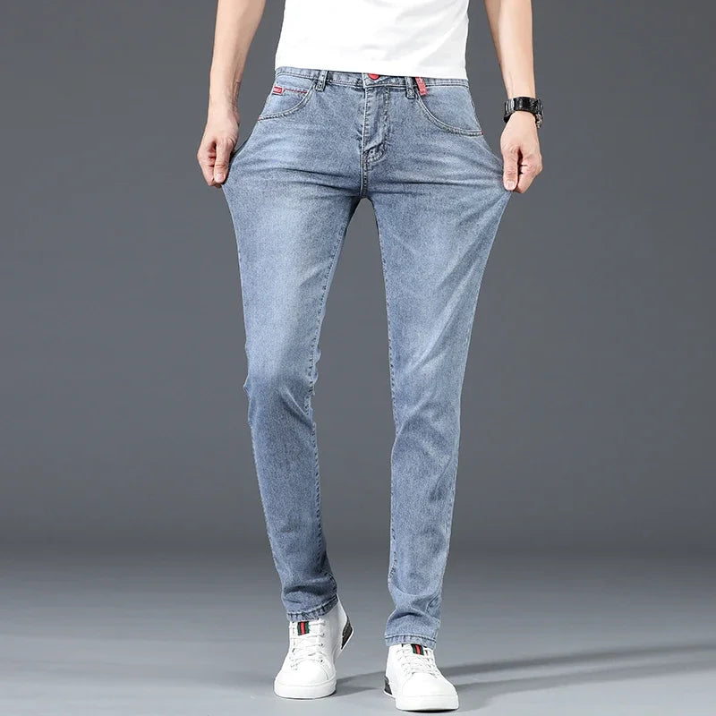 2024 New Men's Cotton Business Casual Skinny Jeans Trendy Fashionable Stretch Straight Slim Denim Trousers Male Blue Grey Image secondaire du produit