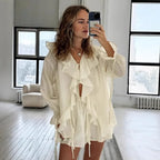 Casual Shorts Two-piece Set For Women Ruffled Loose Tie Top Simple Shorts Set OL Office Lady Summer Female Shorts Suit