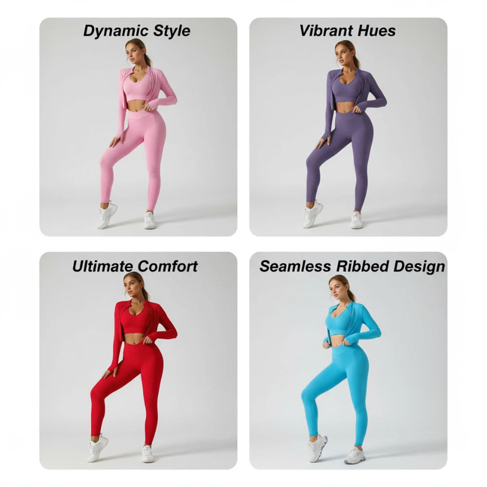 3 Piece Tracksuit Set - Jacket + Push Up Sports Bra + High Waist Leggings, Gym Workout Activewear Training, Yoga, Fitness Women
