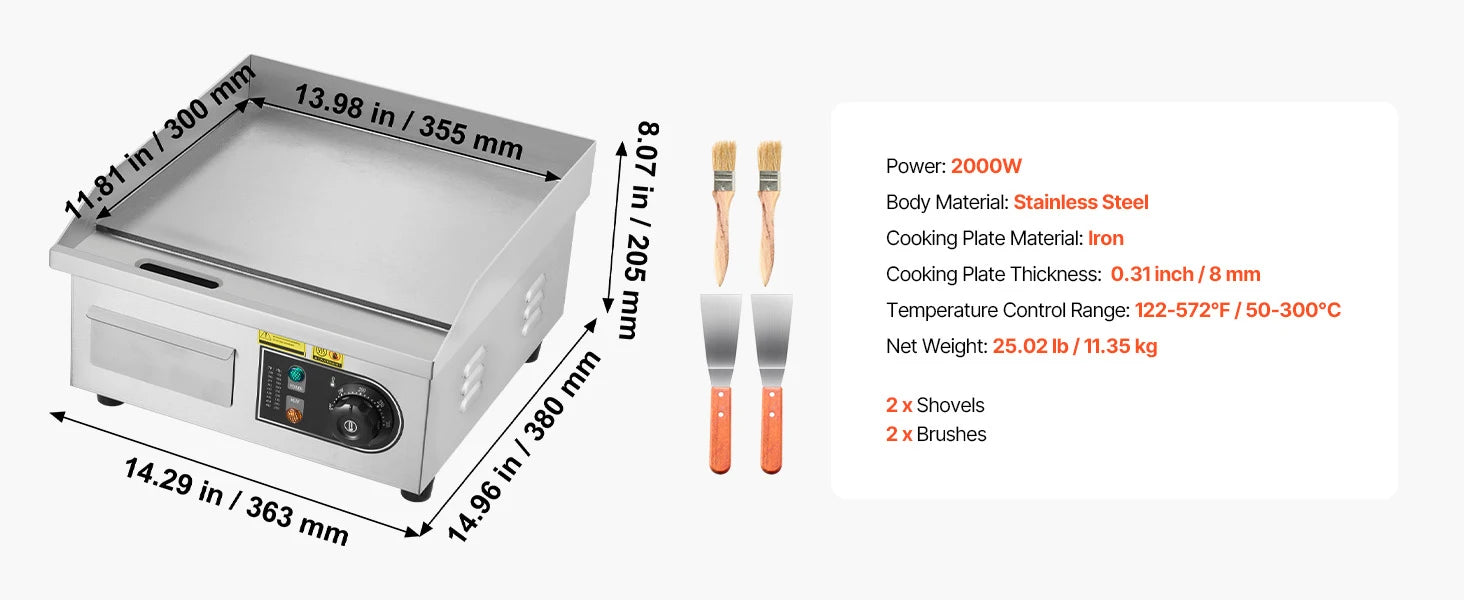 SucceBuy Commercial Electric Griddle 50-300°C Adjustable Temp Control, Stainless Steel Countertop Flat Top Grill for Steak Panc
