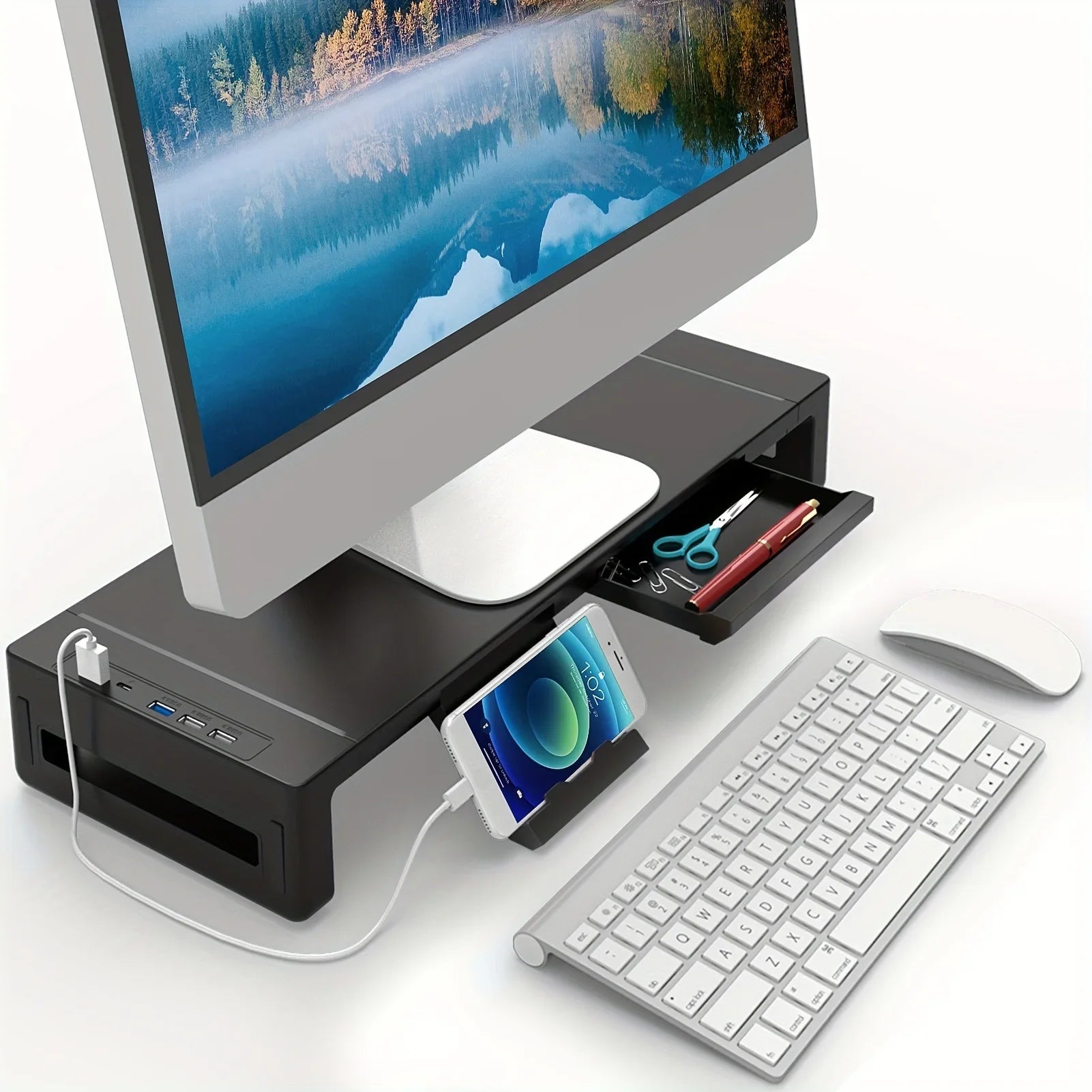 Monitor Stand Riser, With Foldable, Height Adjustable Computer Stand, Desk Shelf Riser with Storage Drawer &Tablet Phone Image principale du produit