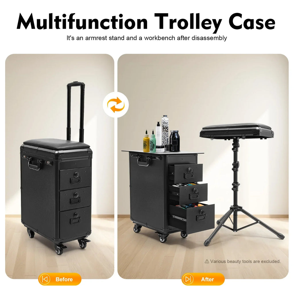 Rolling Makeup Train Case w/Tattoo Armrest Stand,Beauty Trolley Case with 3 Drawers, 4 Universal Wheels, and Combination Lock