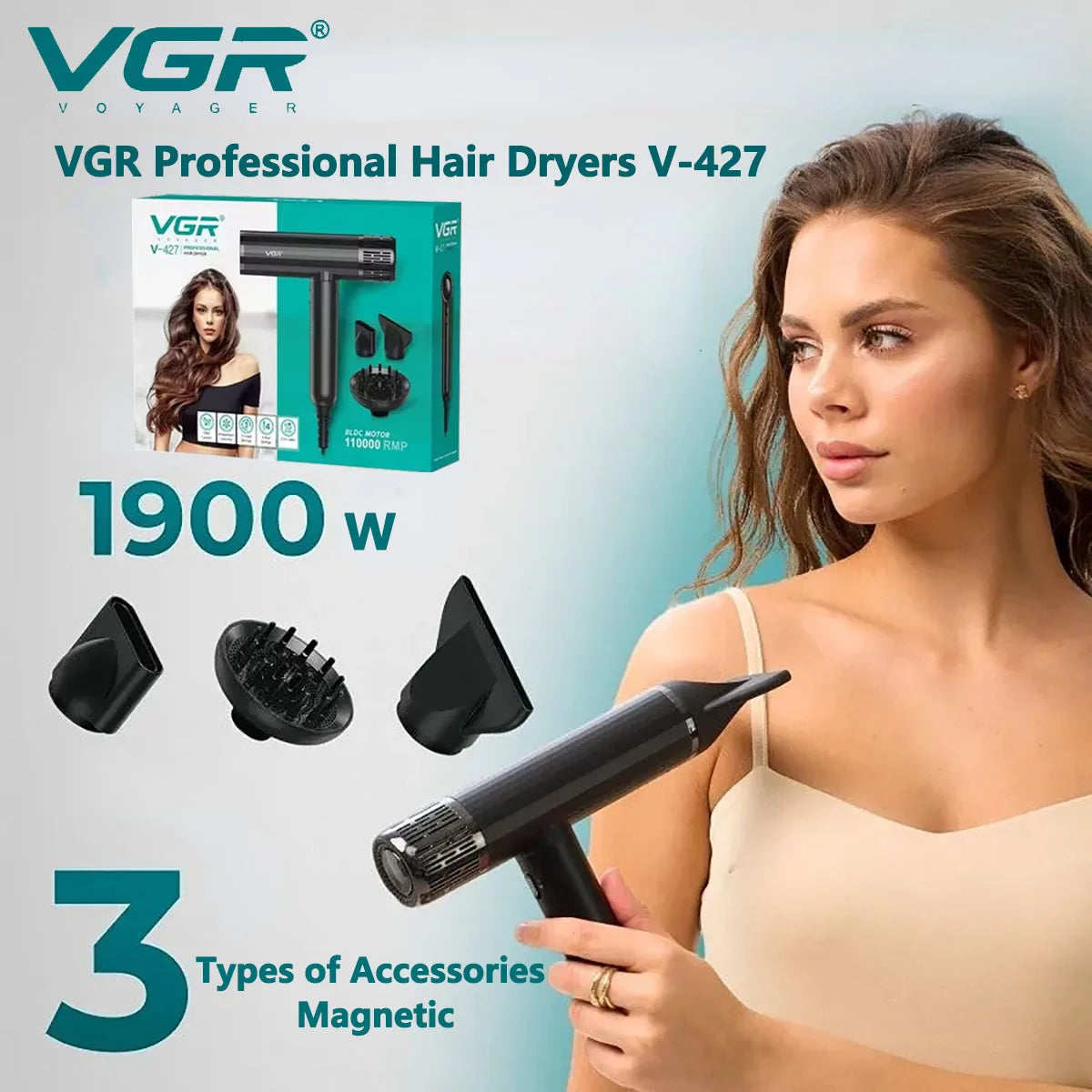 VGR Leafless Hair Dryer Professional Negative Ion Blower Dryer Brushless Motor 11000RPM Powerful Electric Dryer for Salon V-427 Main image