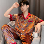 High Quality Pajamas Suit Men Summer Short Sleeve Shorts Ice Silk Sleepwear Male Summer Large Size Simple Casual Loungewear Set
