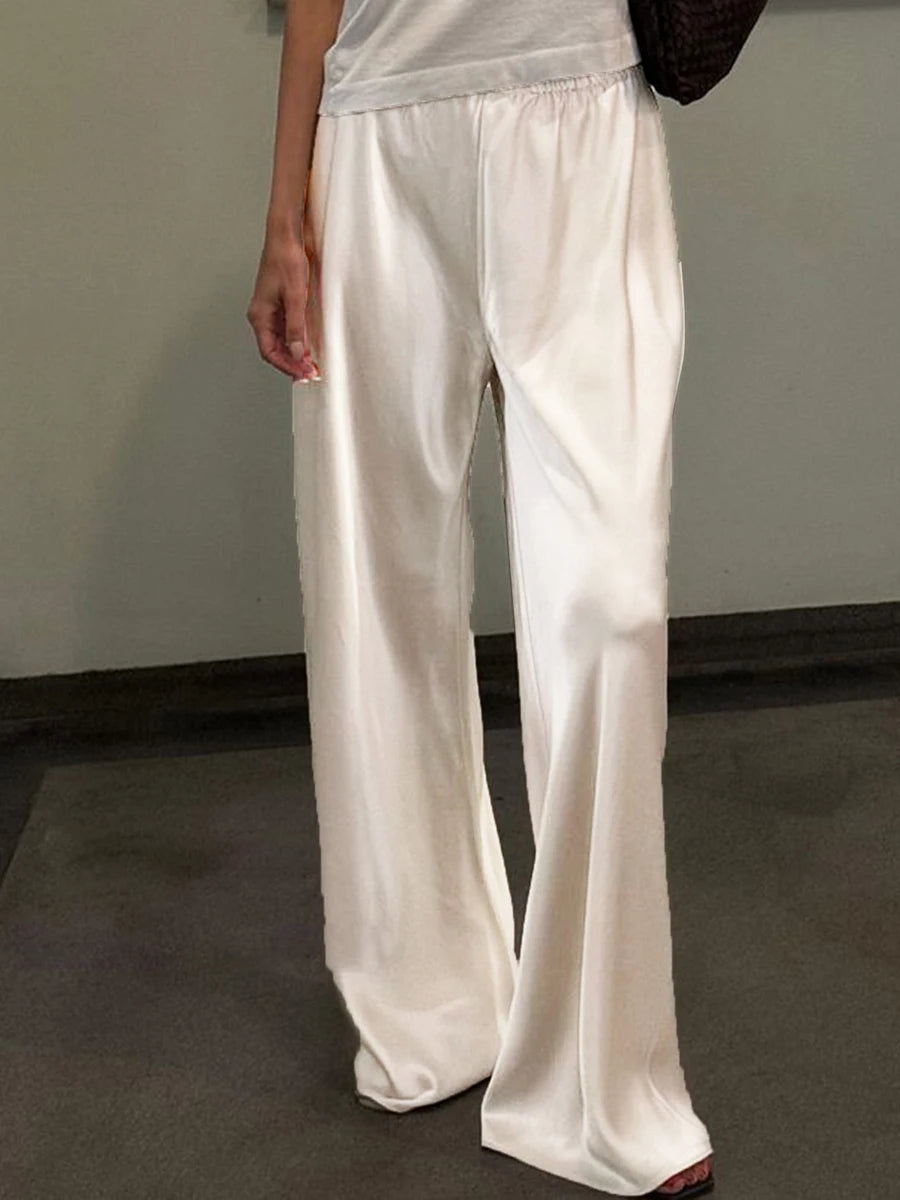 Chic Satin Wide Leg Dress Pants Women's Stylish Elastic Waist Loose Fit Long Trousers for Streetwear Work Solid Color Image principale du produit