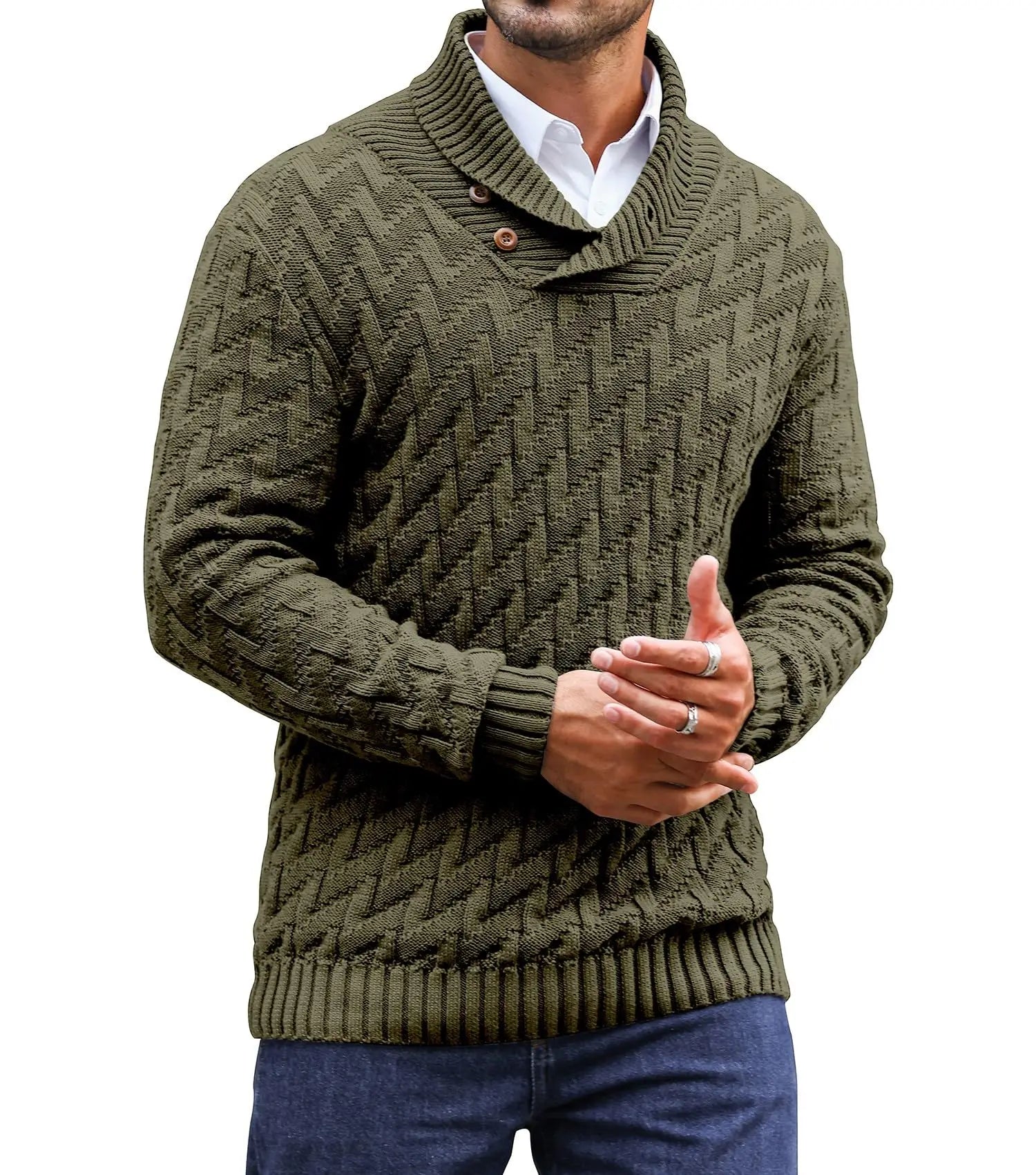 Men's Sweater Spring Shawl Collar Pullover Solid Color Sweater Casual Cable Knit Button-Up Pullover High Quality Tops US Size