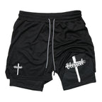 Print 2 in 1 Running Workout Shorts for Men Christian Gym Athletic Performance Shorts with Phone Pocket Towel Loop Activewear