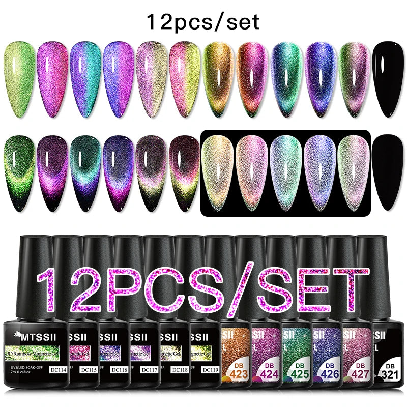 10/12PCS/SET Cat Magnetic Gel Nail Polish Set 9D Reflective Glitter Gel Semi Permanent UV Gel Soak Off Sparkling Nail Art Kits