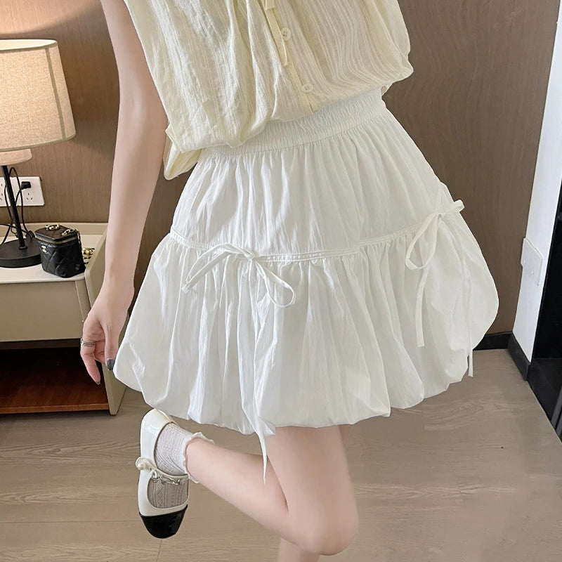 Sweet Bow Pleated Fluffy Skirts for Women Summer Korean Style Elastic Waist Lantern Skirt Woman Loose White A-Line Short Skirts