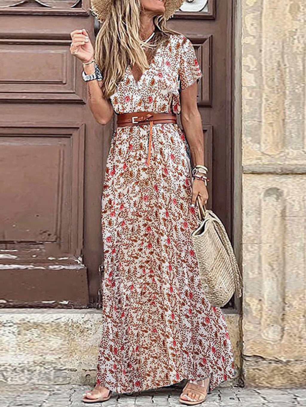 Elegant Floral Pleated H shaped Midi Dress Female V Neck Puff Sleeve Waist Ruched Button Dresses Women Summer Dress Robe