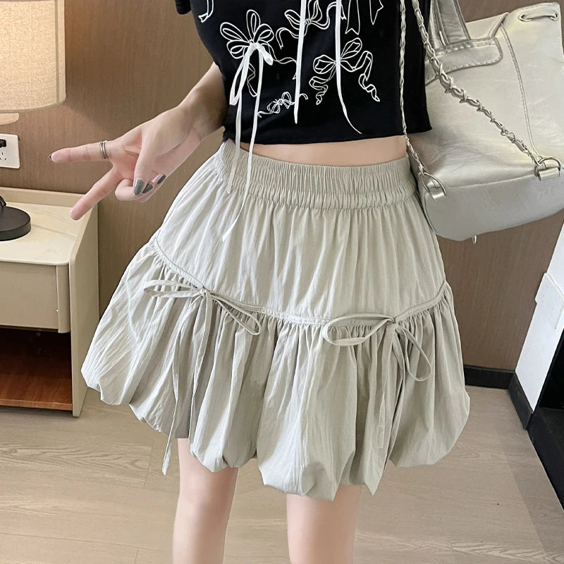 Sweet Bow Pleated Fluffy Skirts for Women Summer Korean Style Elastic Waist Lantern Skirt Woman Loose White A-Line Short Skirts