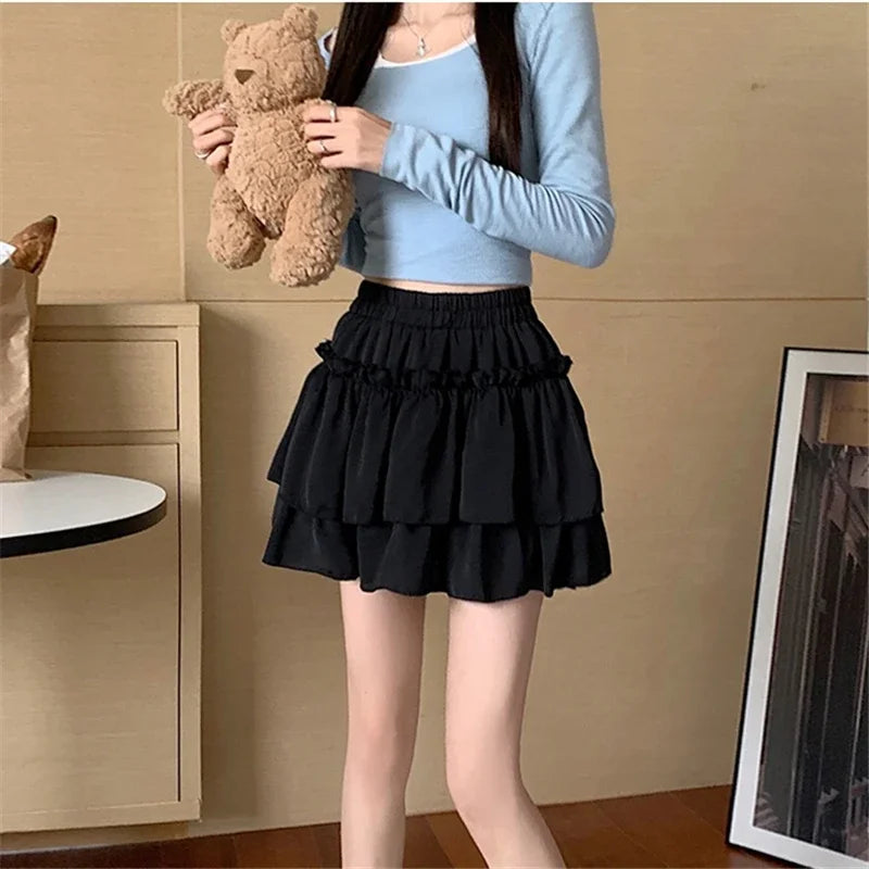 Summer Kawaii White Ruflles Skirt Women Fashion Slim Fit Mini Skirts Giris Y2k All Match Elastic High Waist Black Faldas