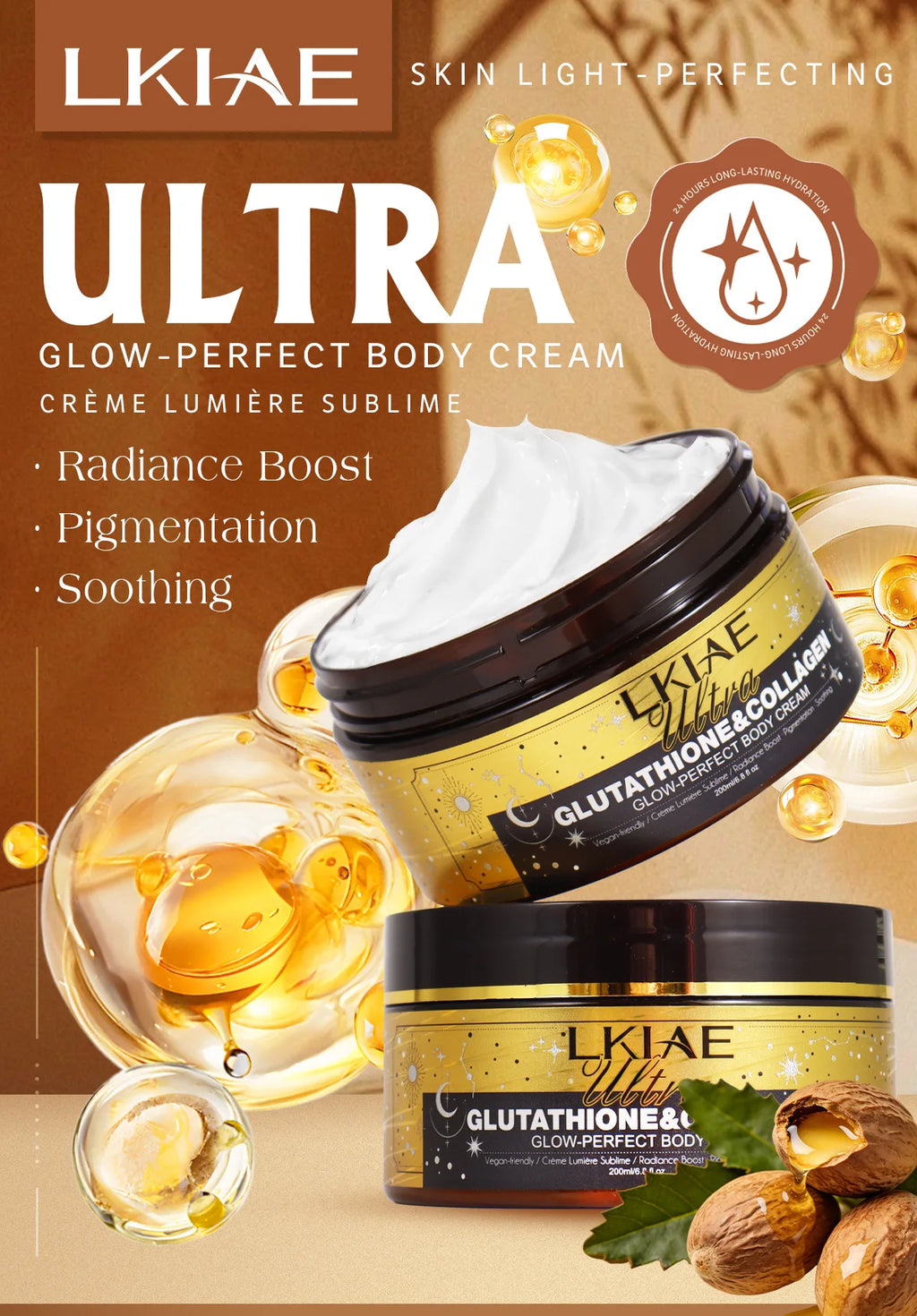LKIAE Ultra Glutathione Collagen Skin Glowing Body Cream, 24-Hour Intense Hydration, Brightening, Deep Nourish & Glow, 200ml