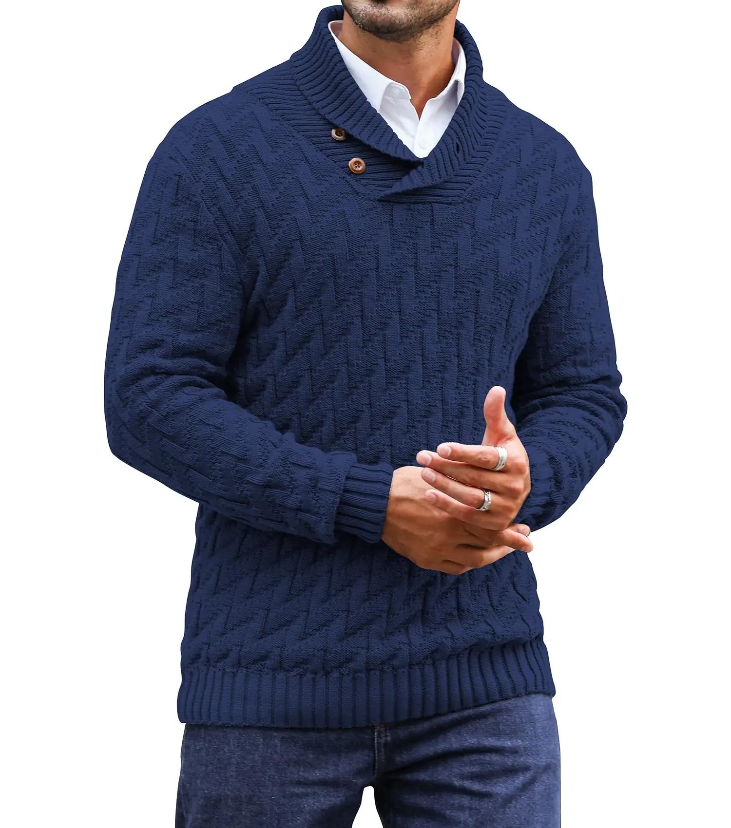 Men's Sweater Spring Shawl Collar Pullover Solid Color Sweater Casual Cable Knit Button-Up Pullover High Quality Tops US Size