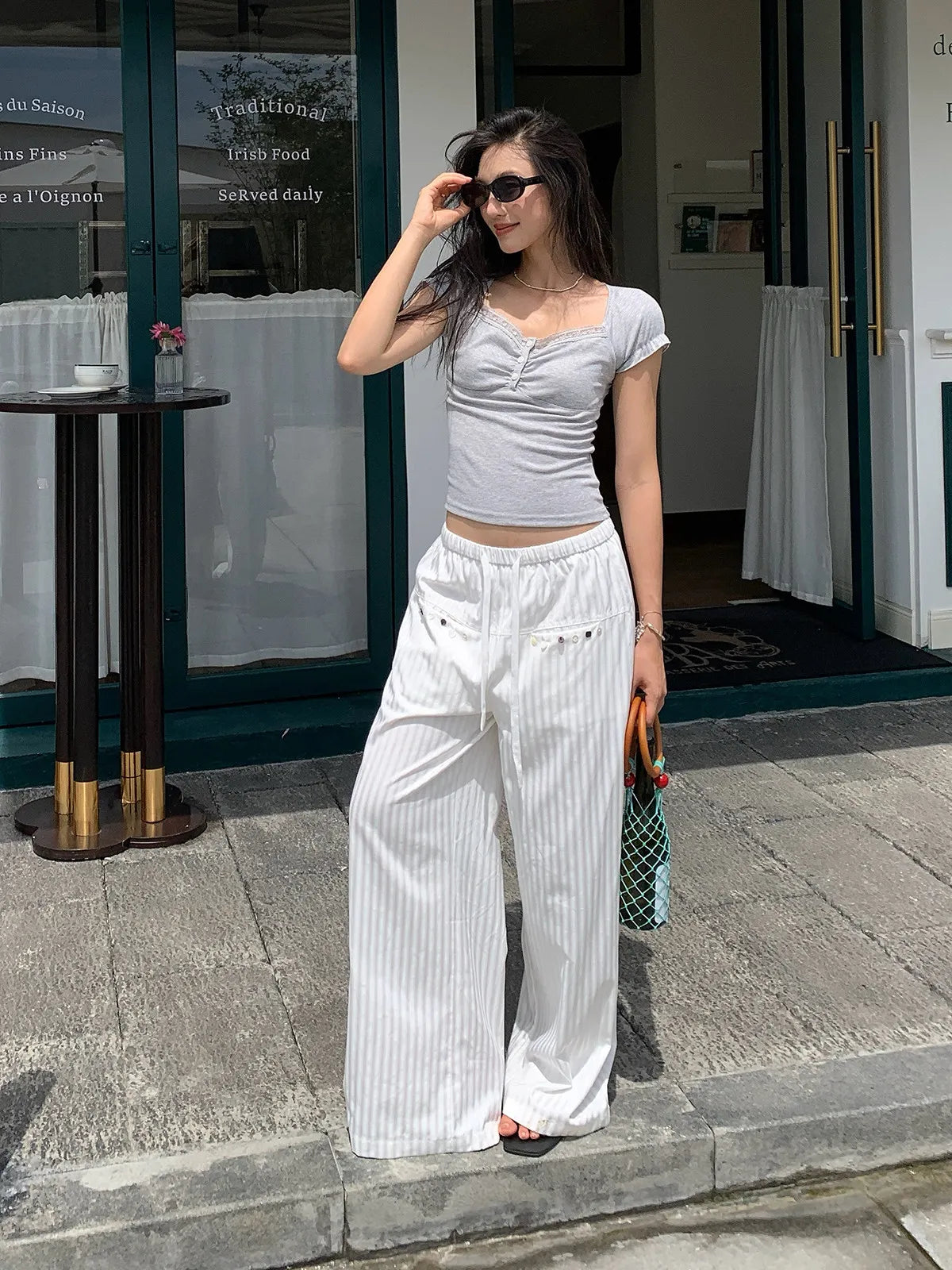 Women White Striped Wide Leg Pants Summer Loose Straight Leg Trousers Slimming Floor-length Casual Long Pants for Daily Wear