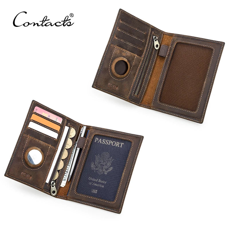 CONTACT'S Genuine Leather Passport Wallet Card Holder Coin Purse AirTag Slot Men Travel Wallet Women‘s Purse Passport Cover Bag Image principale du produit