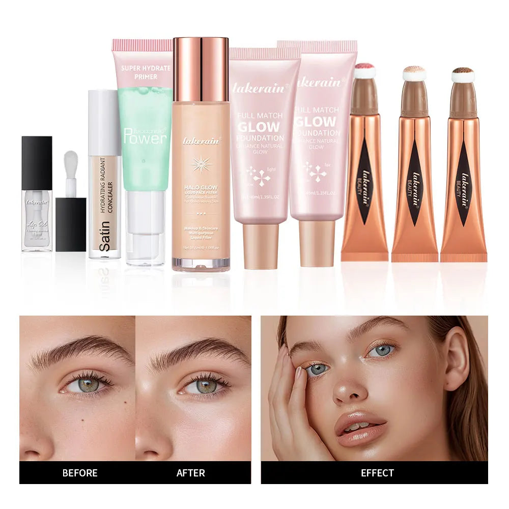 Makeup Set Beginner Kit Foundation Base Moisturizing Concealer Moisture Lip Gloss Highlighter Stick & Blush Face Makeup Sets Gif