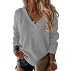 Fashionable casual women's autumn and winter new solid color sweater women's foreign trade V-neck long sleeve pullover knit top