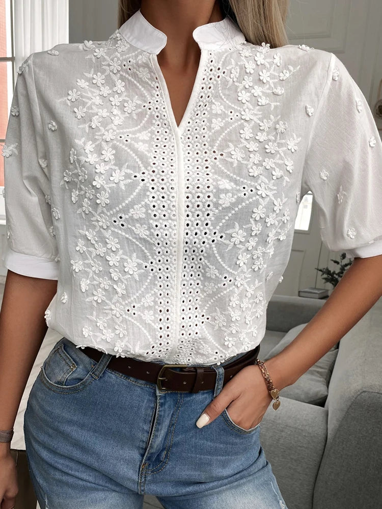 Summer Floral Embroidery Lace Blouse Fashion Women V Neck Casual Shirt Chic Short Sleeve Hollow Out Tops Elegant Blusas 24350 Secondary image