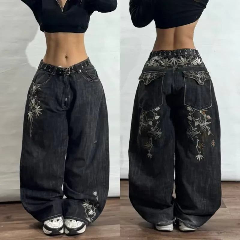 Y2K Black Washed Embroidered High-waisted Oversized Jeans Men European and American Retro Classic Loose Wide-leg Straight Pants